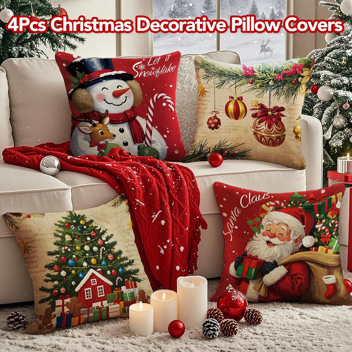 4-Piece Christmas Pillow Covers Set – 18x18 Holiday Decor