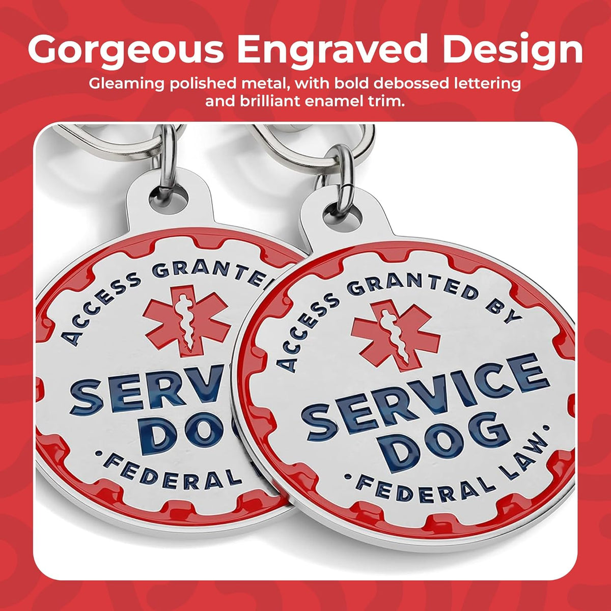 Service Dog Tag, 2 Pack: Metal Pet ID Tags for Service Animals Lettering and Red Enamel Trim