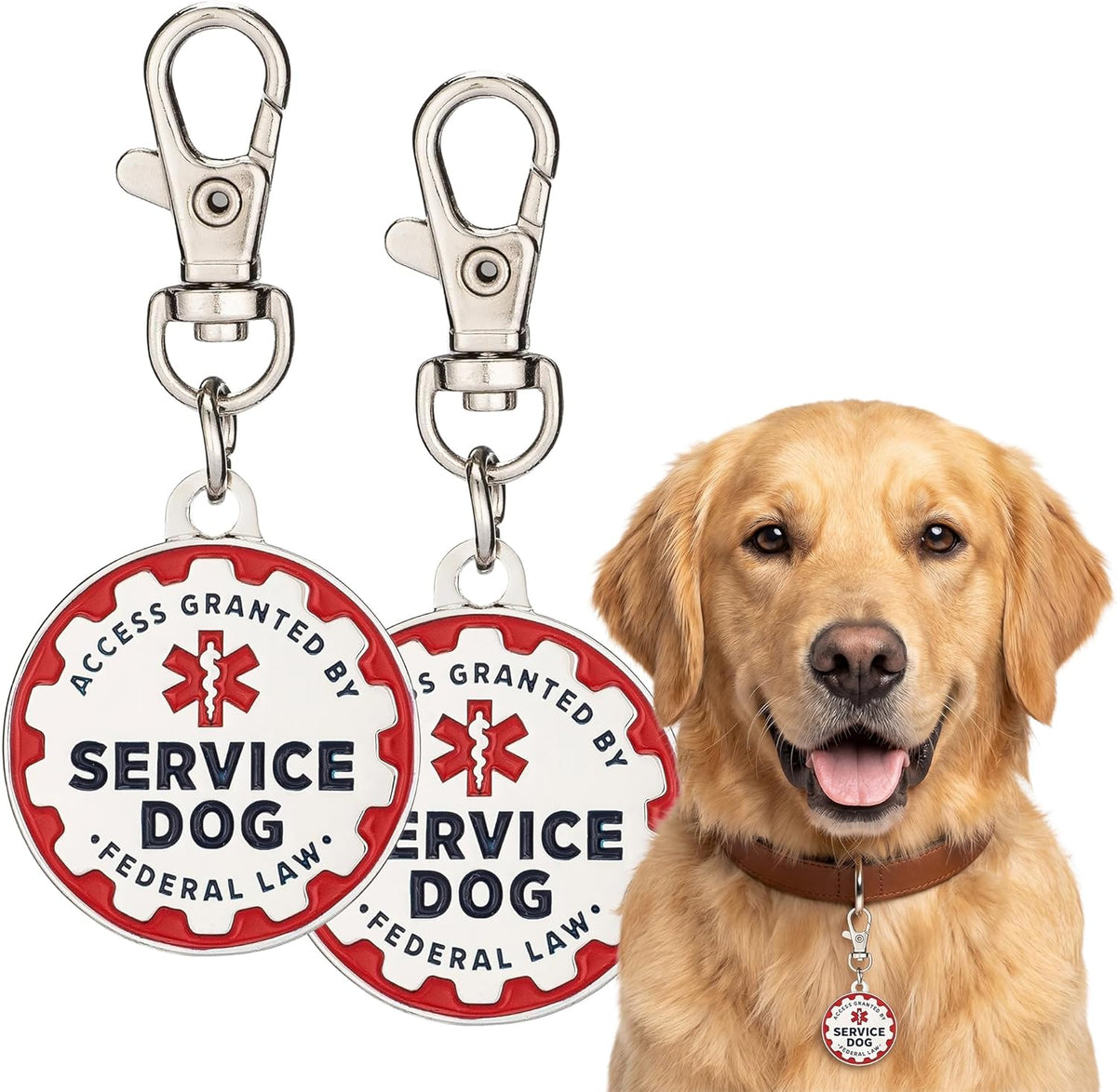Service Dog Tag, 2 Pack: Metal Pet ID Tags for Service Animals Lettering and Red Enamel Trim