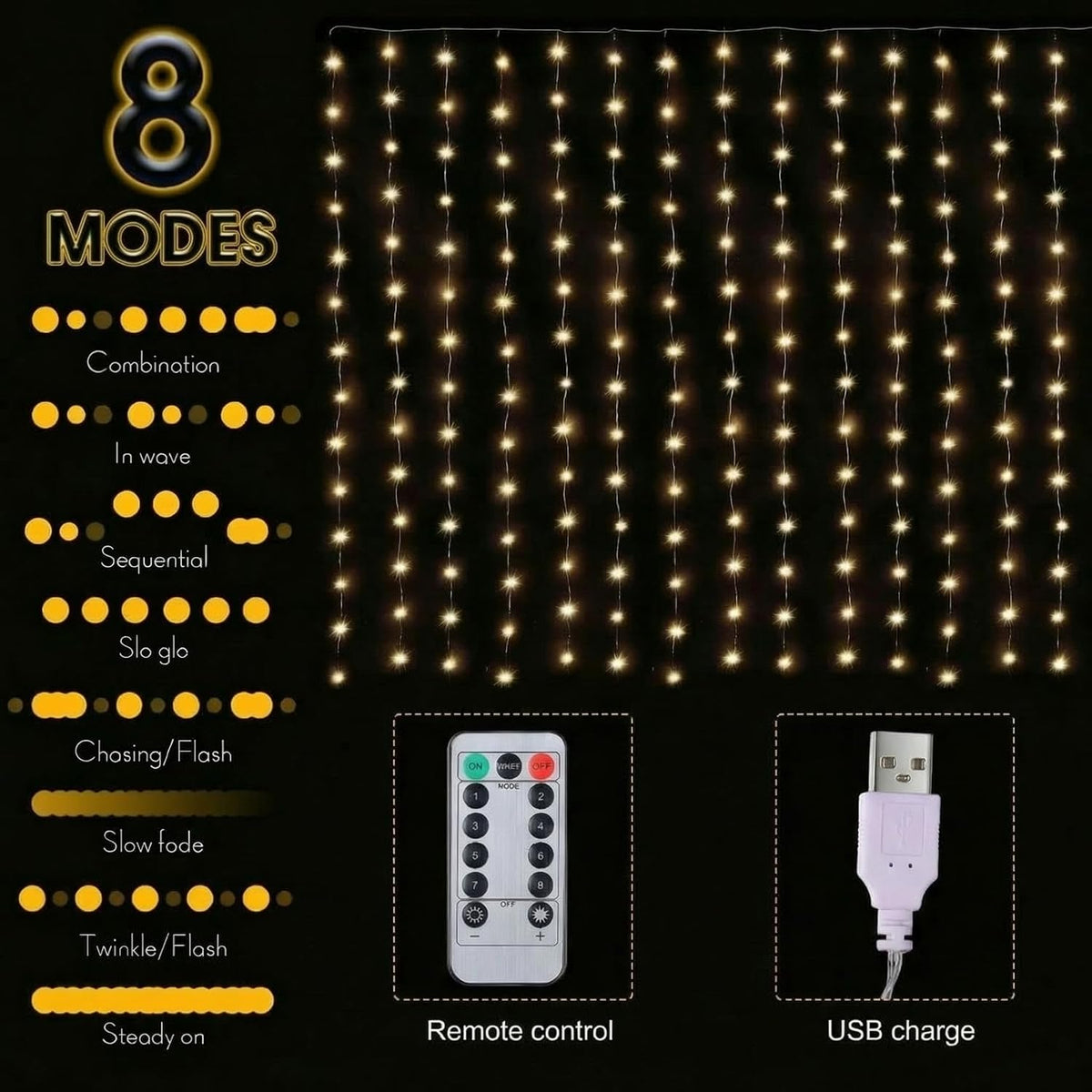 195 LED Christmas Curtain Lights Warm White Backdrop Lights