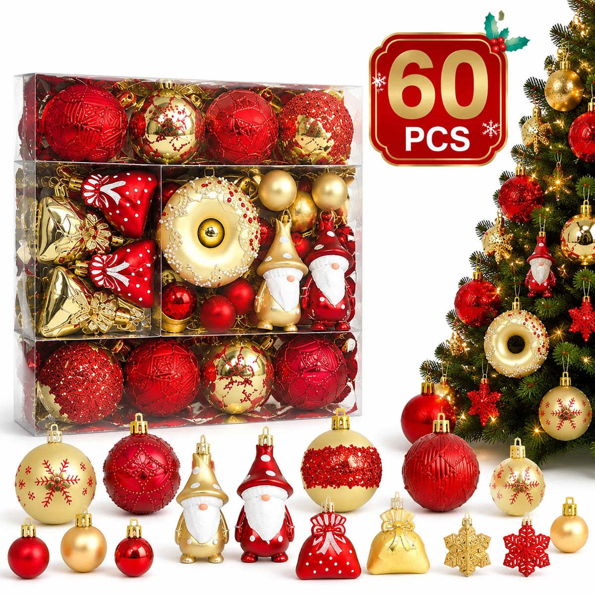 60-Piece Red & Gold Christmas Ornament Set – Shatterproof Holiday Decor