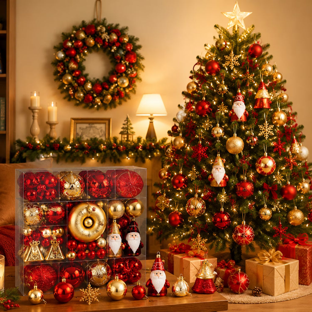 60-Piece Red & Gold Christmas Ornament Set – Shatterproof Holiday Decor