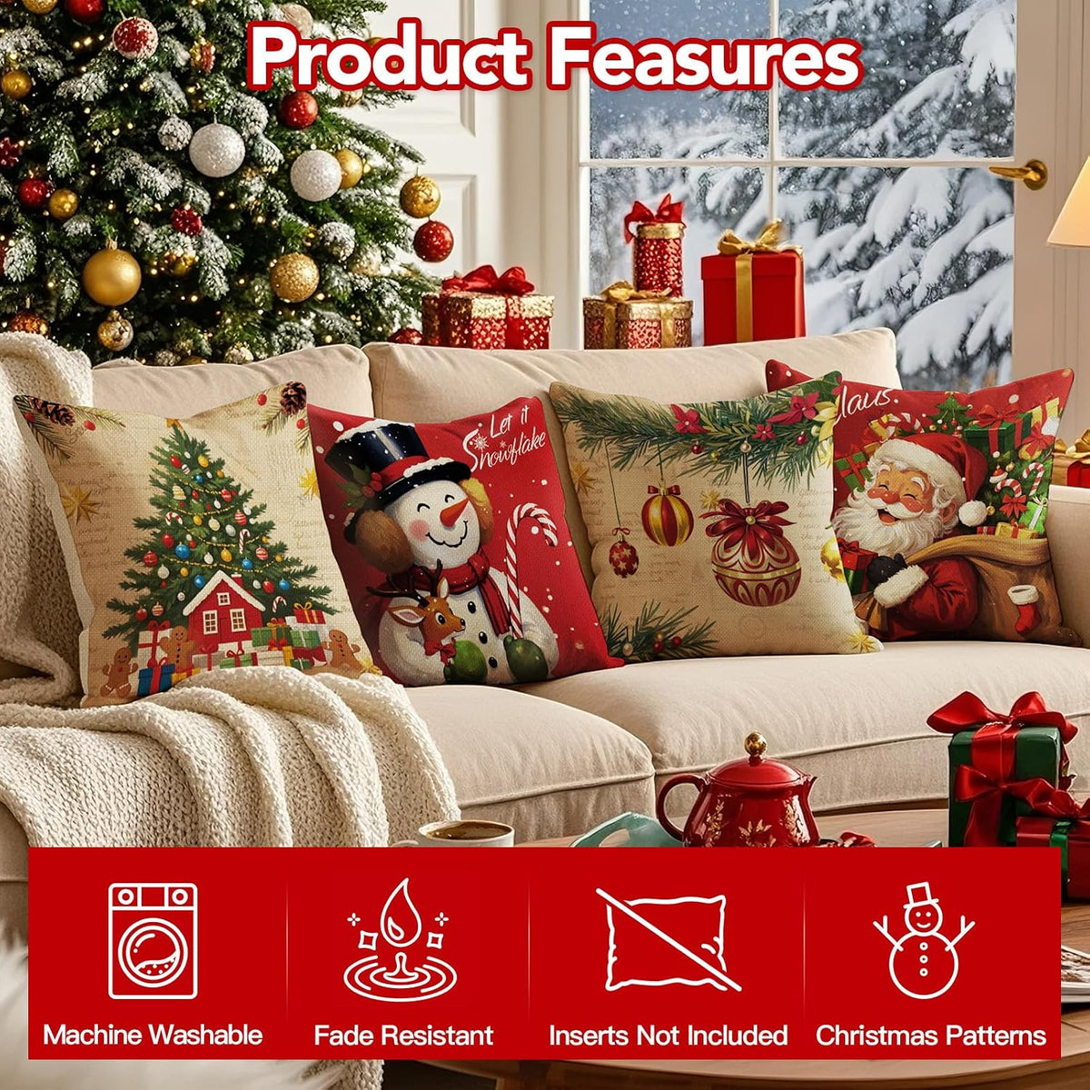 4-Piece Christmas Pillow Covers Set – 18x18 Holiday Decor
