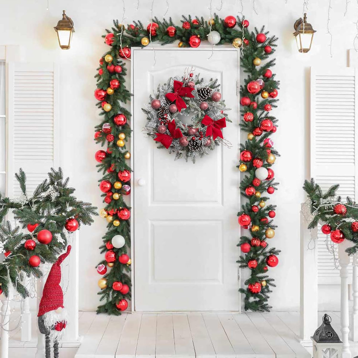 24-Inch Pre-Lit Christmas Wreath – Red Bow & Warm LED Lights