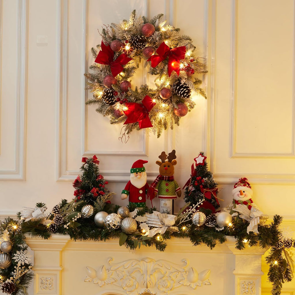 24-Inch Pre-Lit Christmas Wreath – Red Bow & Warm LED Lights