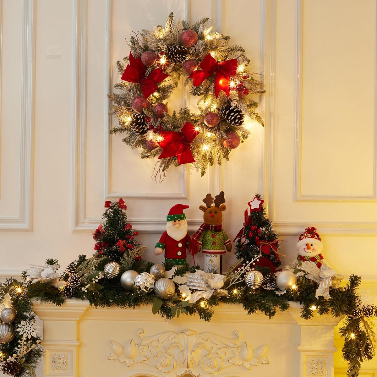 24-Inch Pre-Lit Christmas Wreath – Red Bow & Warm LED Lights