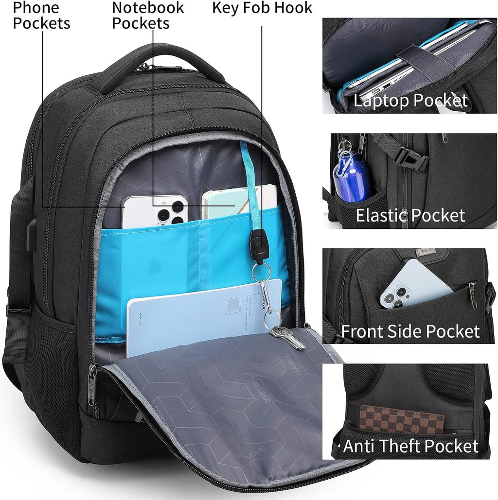 Anti-Theft Laptop Backpack, Black, 15.6-14-13 Inch Laptop Sleeve, USB Charging Port