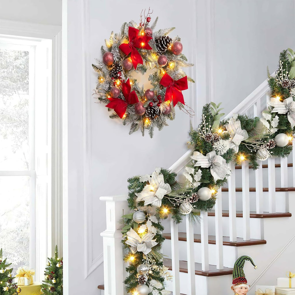 24-Inch Pre-Lit Christmas Wreath – Red Bow & Warm LED Lights