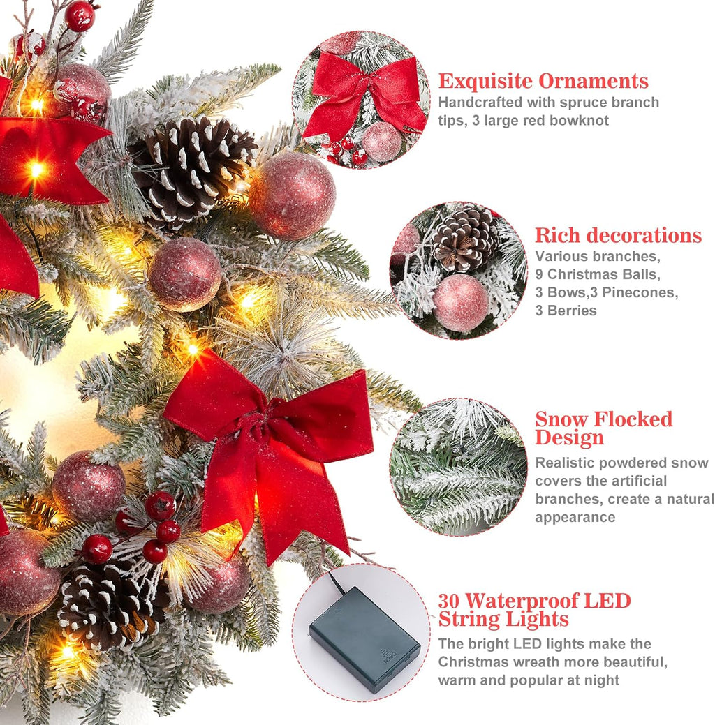24-Inch Pre-Lit Christmas Wreath – Red Bow & Warm LED Lights