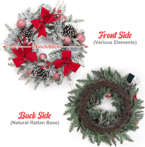 24-Inch Pre-Lit Christmas Wreath – Red Bow & Warm LED Lights