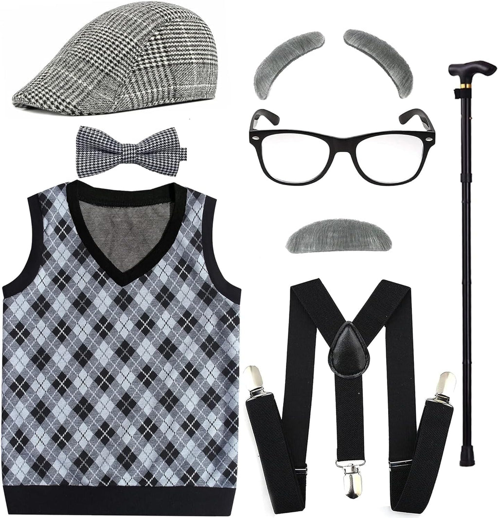 Kids 100 Days of School Costume for Boys - Halloween Old Man Costume Hat, Glasses and Grandpa Vest Set for Child,Lightgrey2-6
