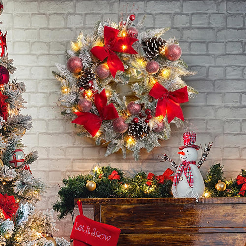 24-Inch Pre-Lit Christmas Wreath – Red Bow & Warm LED Lights