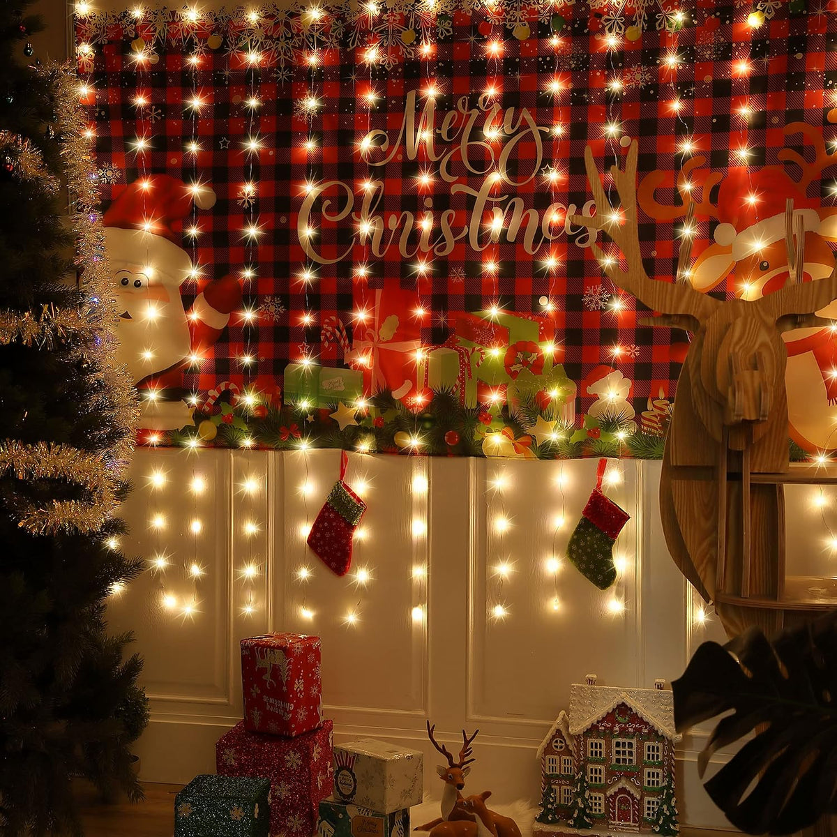 195 LED Christmas Curtain Lights Warm White Backdrop Lights