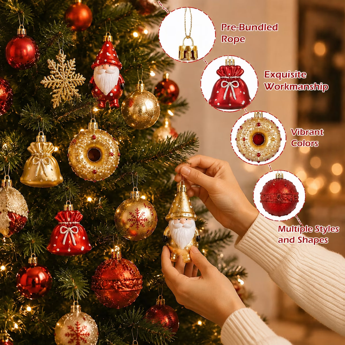 60-Piece Red & Gold Christmas Ornament Set – Shatterproof Holiday Decor