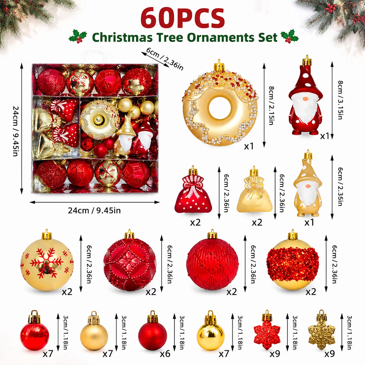 60-Piece Red & Gold Christmas Ornament Set – Shatterproof Holiday Decor