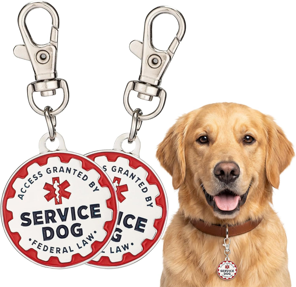 Service Dog Tag, 2 Pack: Metal Pet ID Tags for Service Animals Lettering and Red Enamel Trim
