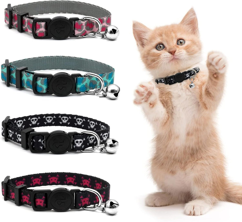 4 Pack Kitten Collars with Bells, Safety Breakaway Buckle, Leopard