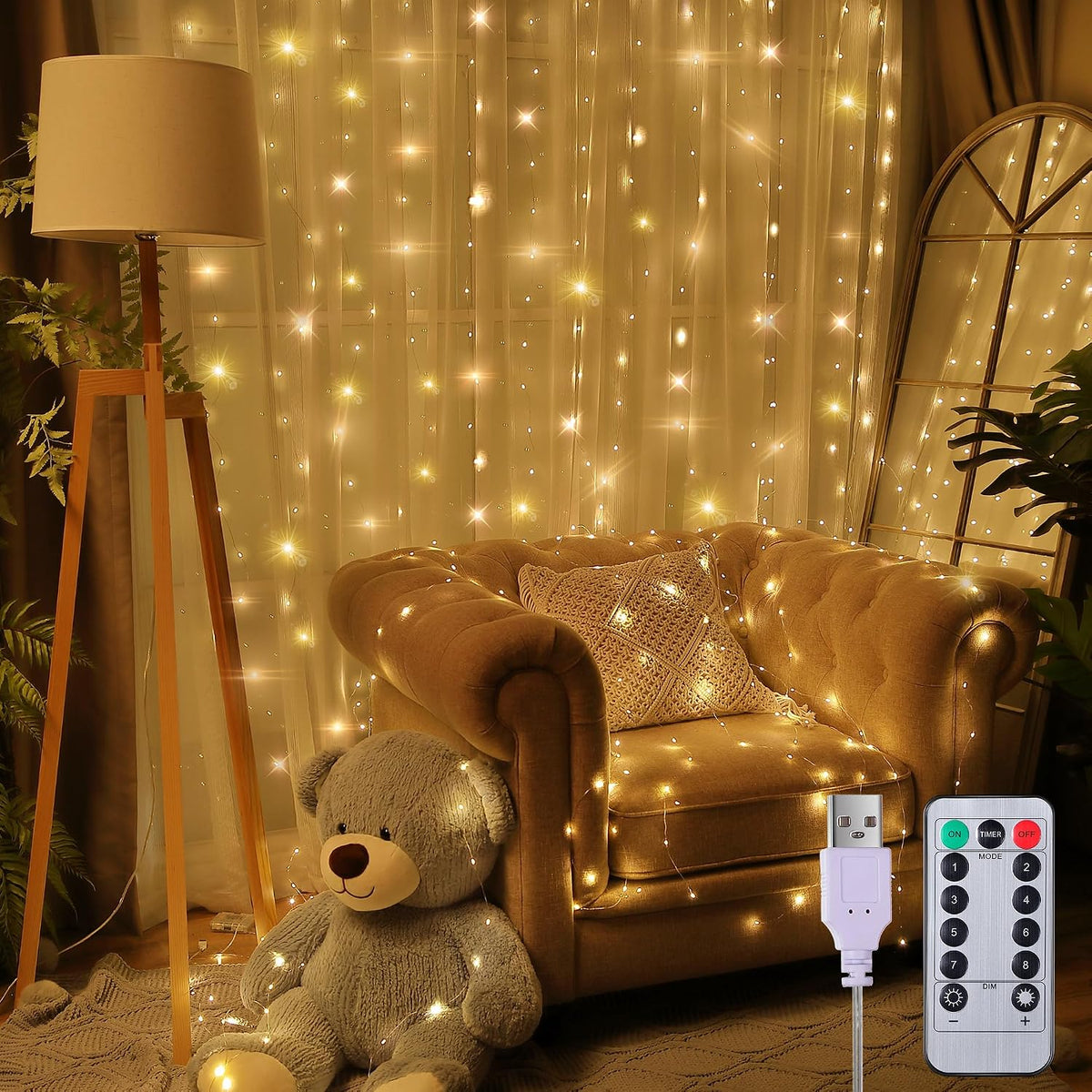 195 LED Christmas Curtain Lights Warm White Backdrop Lights