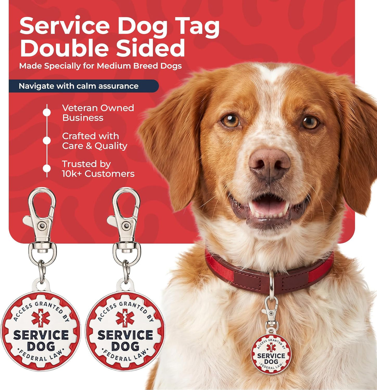 Service Dog Tag, 2 Pack: Metal Pet ID Tags for Service Animals Lettering and Red Enamel Trim